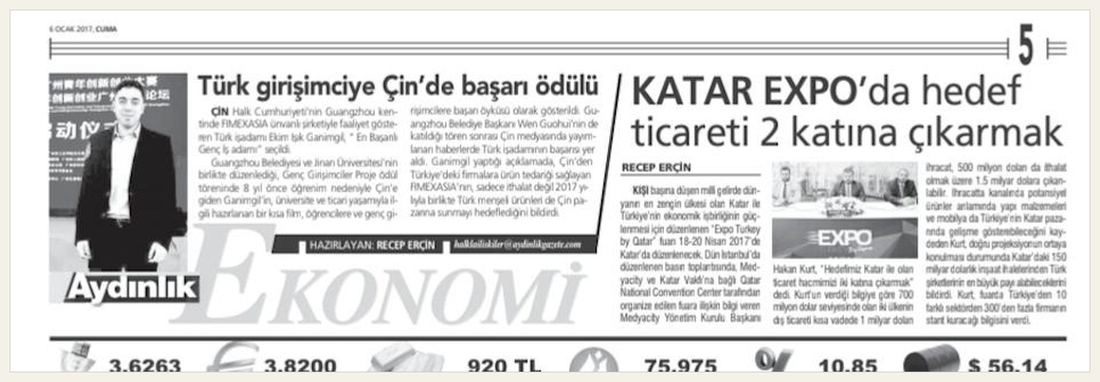 Aydınlık Gazetesi — Türk girişimciye Çin'de başarı ödülü