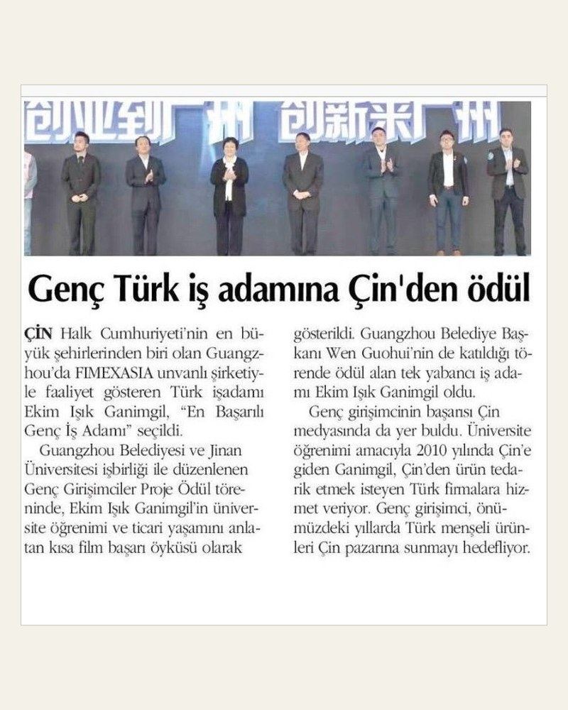 Genç Türk iş adamına Çin'den ödül — gazete haberi