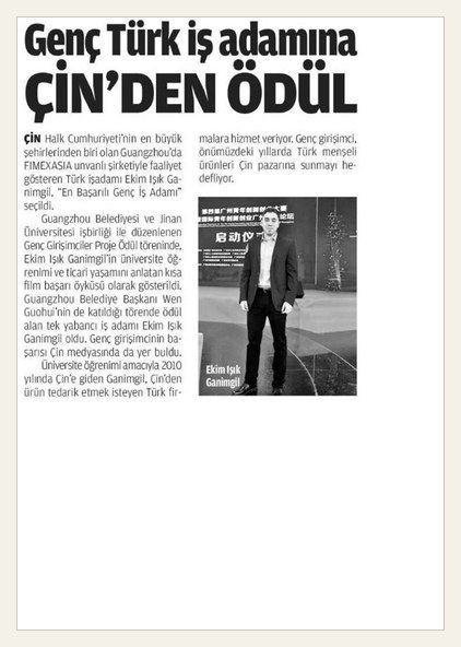 Genç Türk iş adamına Çin'den ödül — gazete haberi